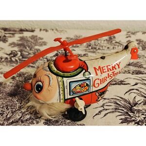 Vintage Yuletide Wind Up Santa Reindeer Christmas Copter Tin Toy Japan